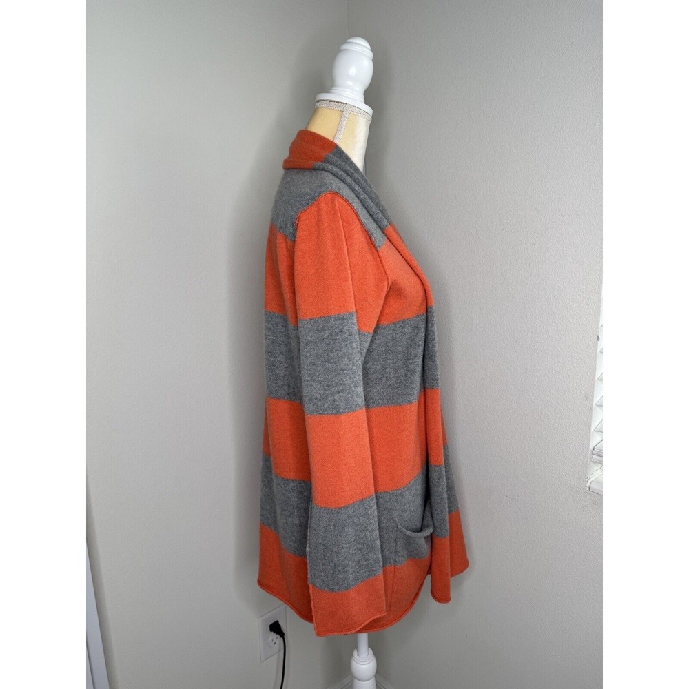 Pure Amici Cashmere Cardigan Orange Gray Striped Open Front Pockets - Picture 4 of 12